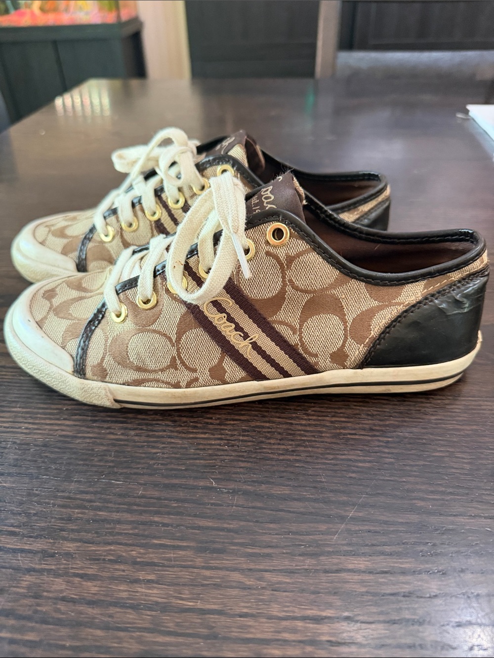 Coach Brown Signature Canvas Low-Top Sneakers with Cream Laces
